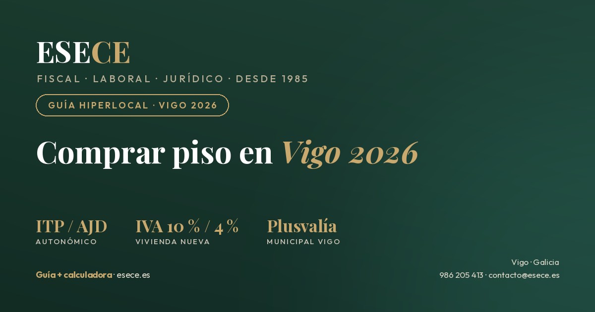 Comprar piso en Vigo en 2026: ITP y AJD autonómicos, IVA del 10 % o 4 % en vivienda nueva, plusvalía municipal de Vigo y gastos de notaría y registro.