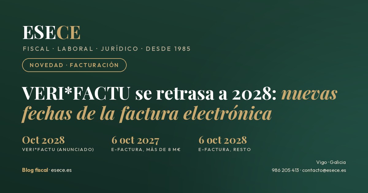 VERI*FACTU se retrasa a 2028: nuevas fechas de la factura electrónica. Hacienda anuncia el aplazamiento de VERI*FACTU a octubre de 2028; la factura electrónica será obligatoria el 6 de octubre de 2027 con más de 8 millones de euros de volumen de operaciones y el 6 de octubre de 2028 para el resto.
